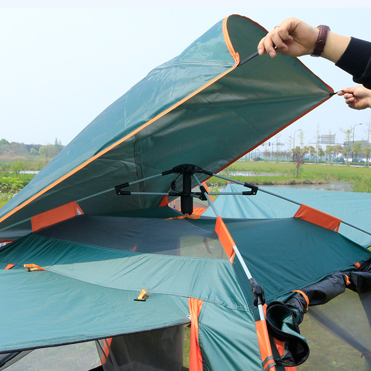 Cheap Goat Tents Outdoor Portable Beach Tent Camouflage Camping Tent for 6 to 7 Person Double Layer polyester fabric Tents Carry Bag Travel Tents 